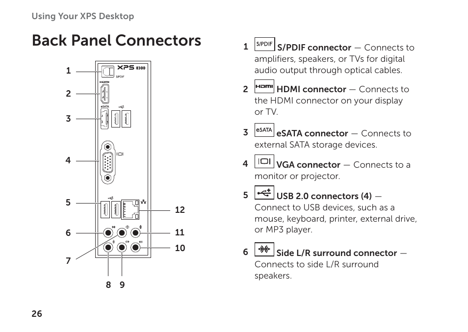 Back panel connectors | Dell XPS 8300 (Late 2010) User Manual | Page 28 / 76
