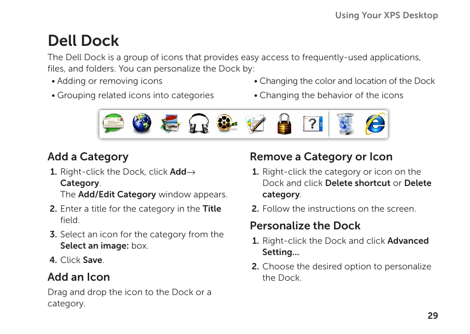 Dell dock | Dell XPS 8300 (Late 2010) User Manual | Page 31 / 76