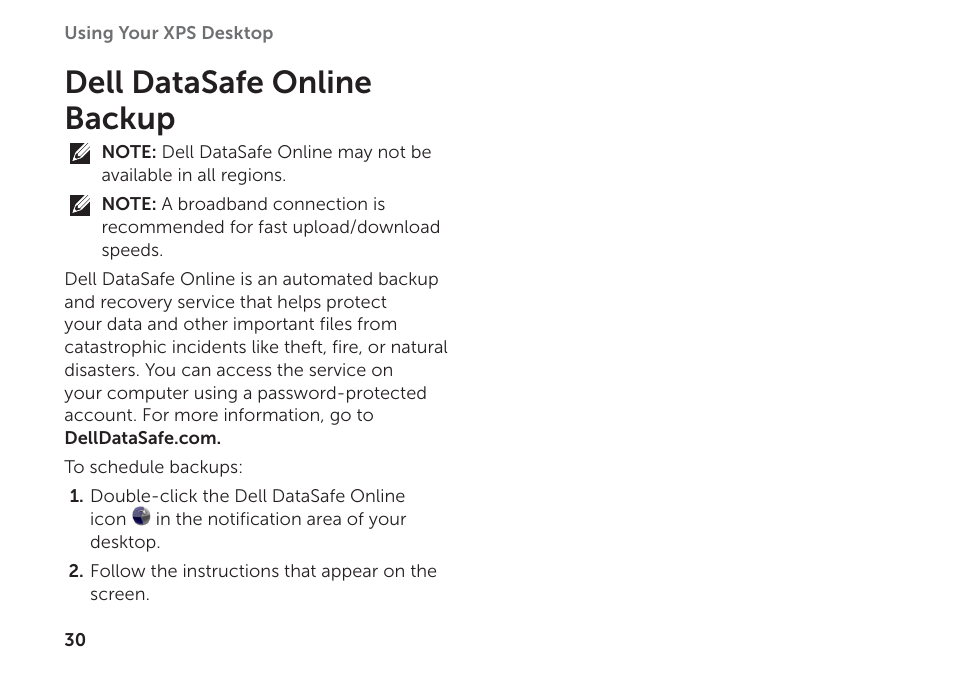 Dell datasafe online backup | Dell XPS 8300 (Late 2010) User Manual | Page 32 / 76