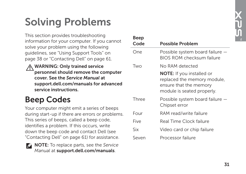 Solving problems, Beep codes | Dell XPS 8300 (Late 2010) User Manual | Page 33 / 76