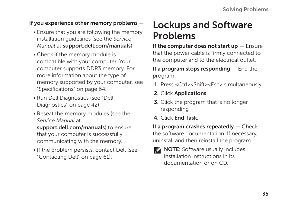 Lockups and software problems | Dell XPS 8300 (Late 2010) User Manual | Page 37 / 76