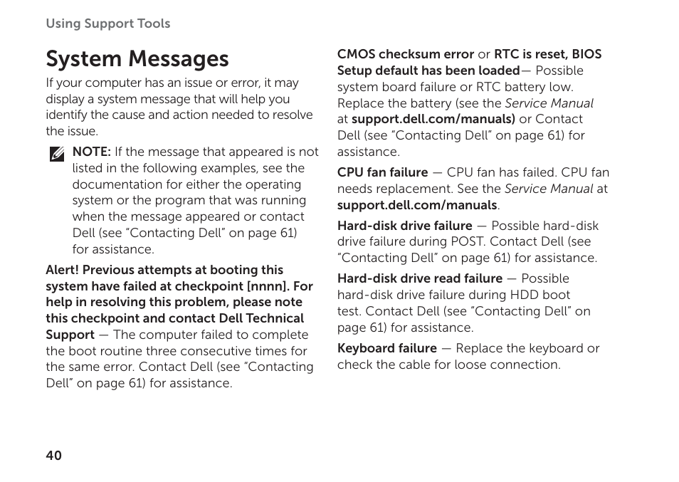 System messages | Dell XPS 8300 (Late 2010) User Manual | Page 42 / 76