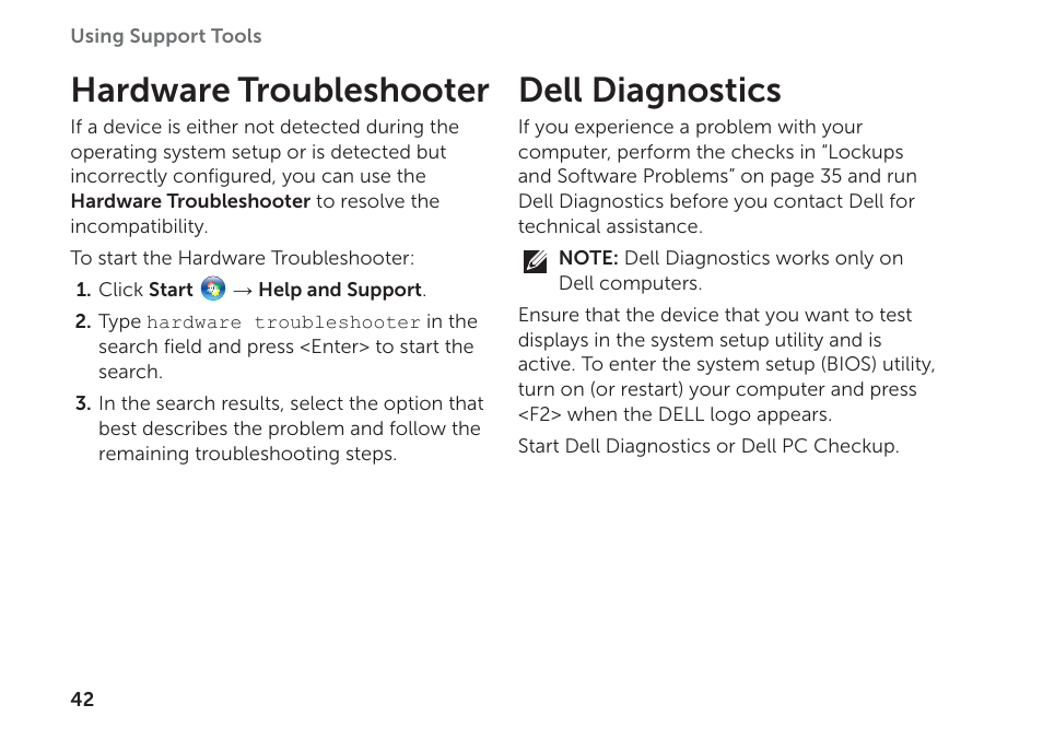 Hardware troubleshooter, Dell diagnostics, Hardware troubleshooter dell diagnostics | Dell XPS 8300 (Late 2010) User Manual | Page 44 / 76