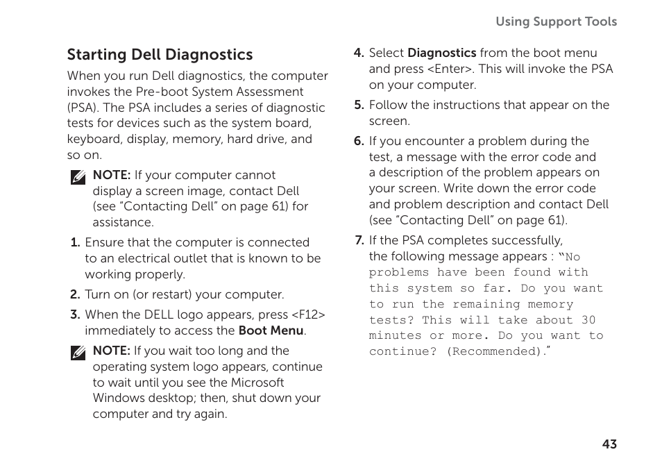 Starting dell diagnostics | Dell XPS 8300 (Late 2010) User Manual | Page 45 / 76