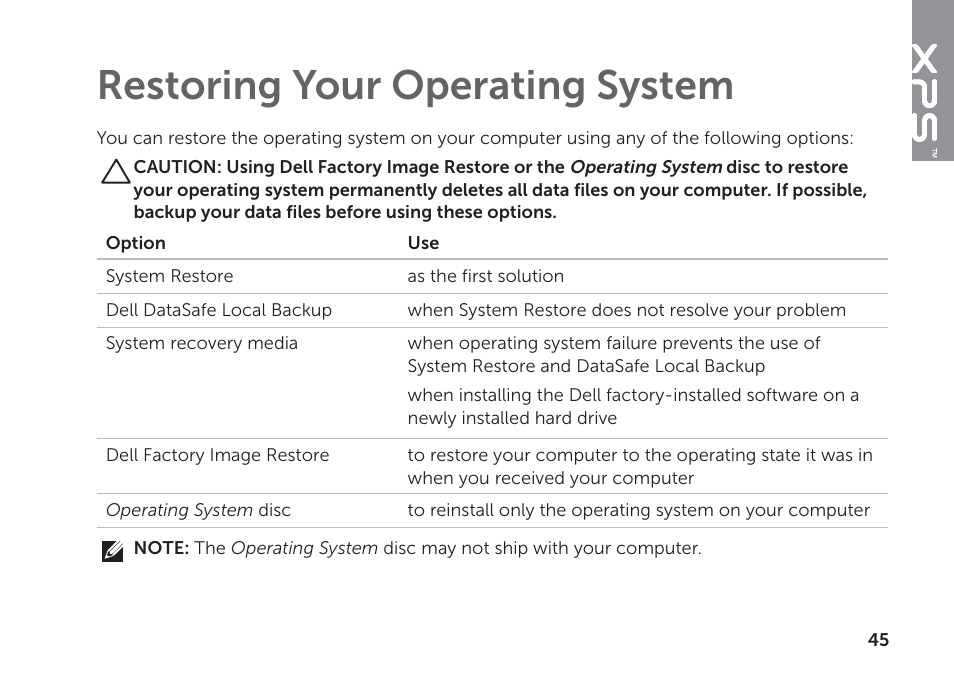 Restoring your operating system, Restoring your operating, System | Dell XPS 8300 (Late 2010) User Manual | Page 47 / 76