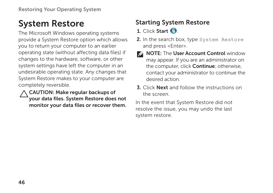 System restore | Dell XPS 8300 (Late 2010) User Manual | Page 48 / 76