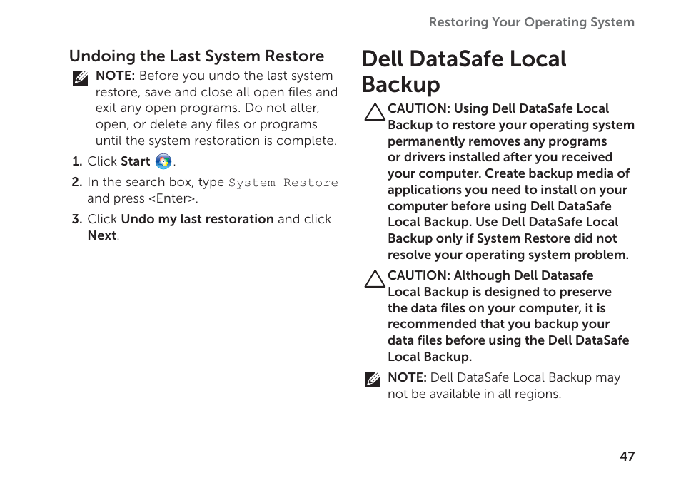 Dell datasafe local backup | Dell XPS 8300 (Late 2010) User Manual | Page 49 / 76
