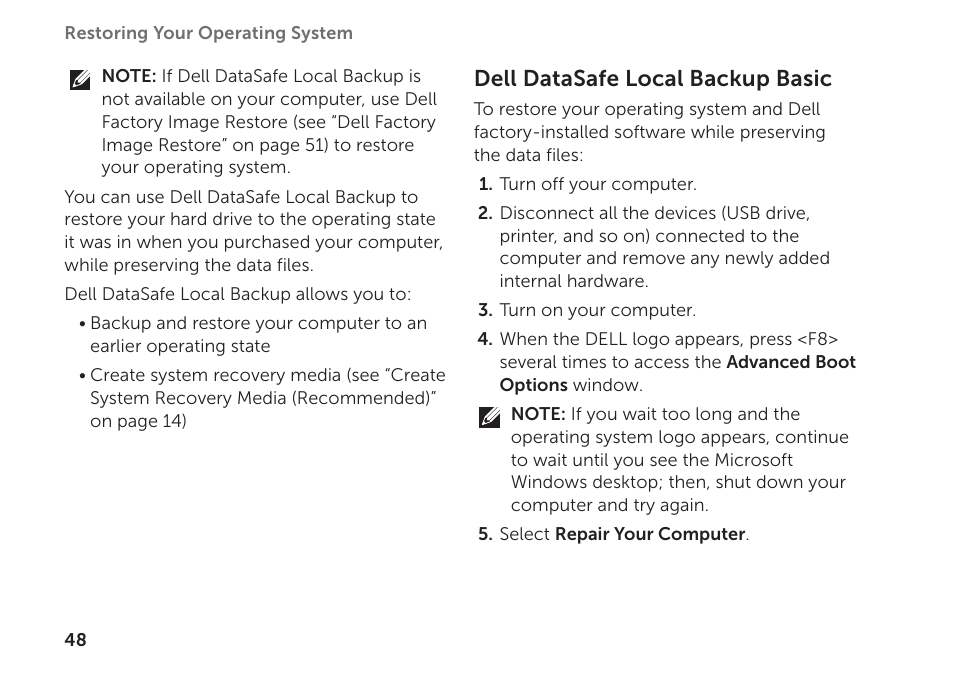 Dell datasafe local backup basic | Dell XPS 8300 (Late 2010) User Manual | Page 50 / 76