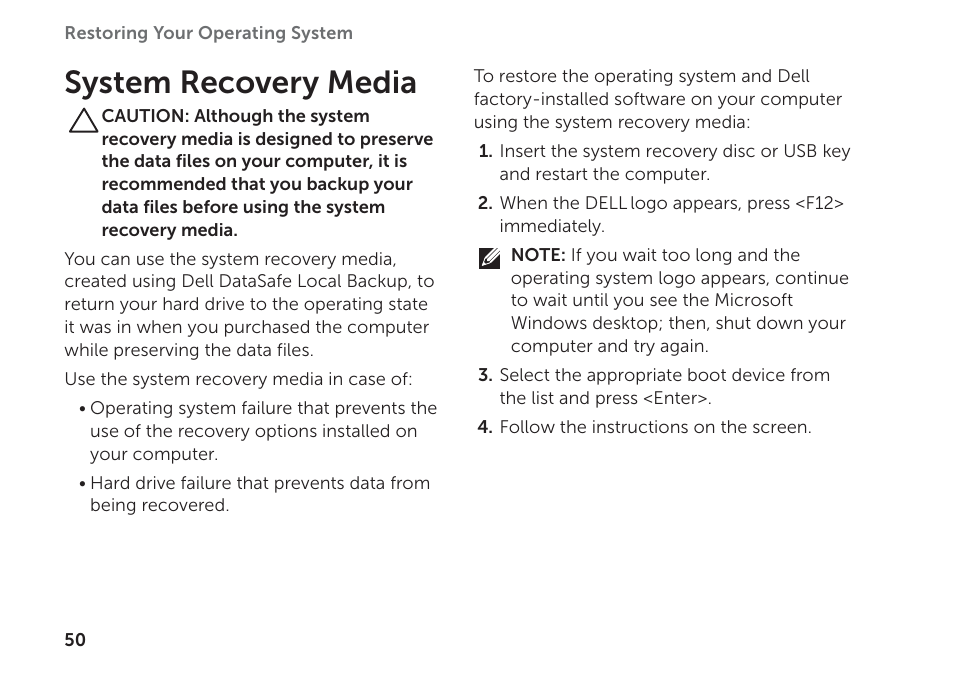 System recovery media | Dell XPS 8300 (Late 2010) User Manual | Page 52 / 76