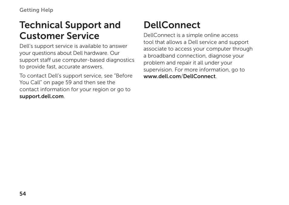 Technical support and customer service, Dellconnect, Technical support and customer service dellconnect | Dell XPS 8300 (Late 2010) User Manual | Page 56 / 76