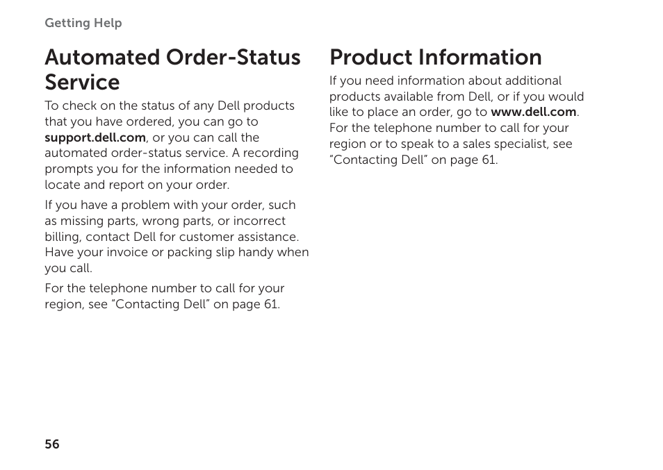 Automated order-status service, Product information, Automated order‑status service product information | Dell XPS 8300 (Late 2010) User Manual | Page 58 / 76