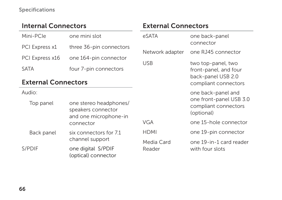 Internal connectors, External connectors | Dell XPS 8300 (Late 2010) User Manual | Page 68 / 76