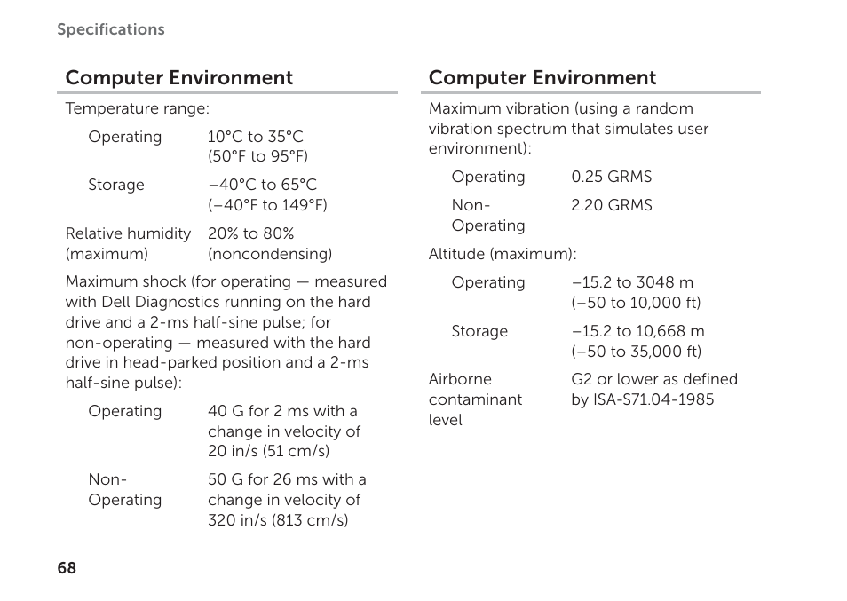 Computer environment | Dell XPS 8300 (Late 2010) User Manual | Page 70 / 76