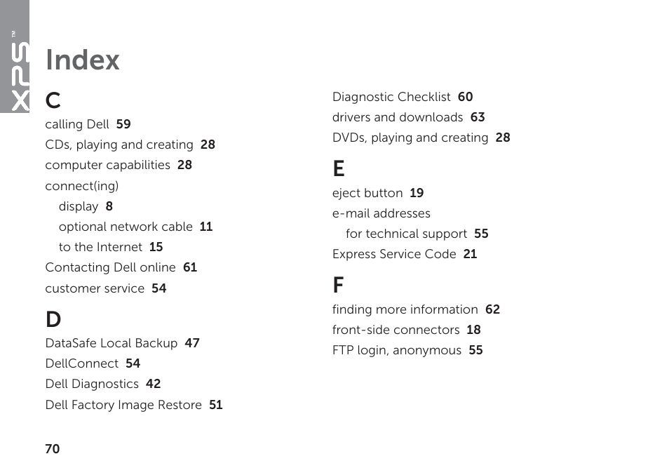 Index | Dell XPS 8300 (Late 2010) User Manual | Page 72 / 76
