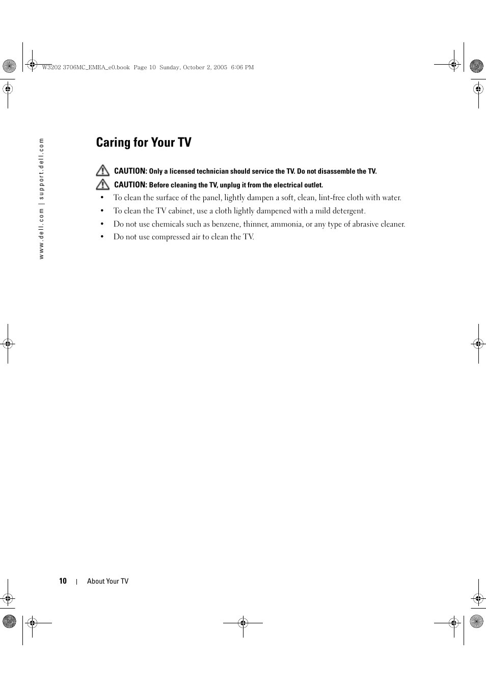 Caring for your tv | Dell LCD TV W3706C User Manual | Page 10 / 66
