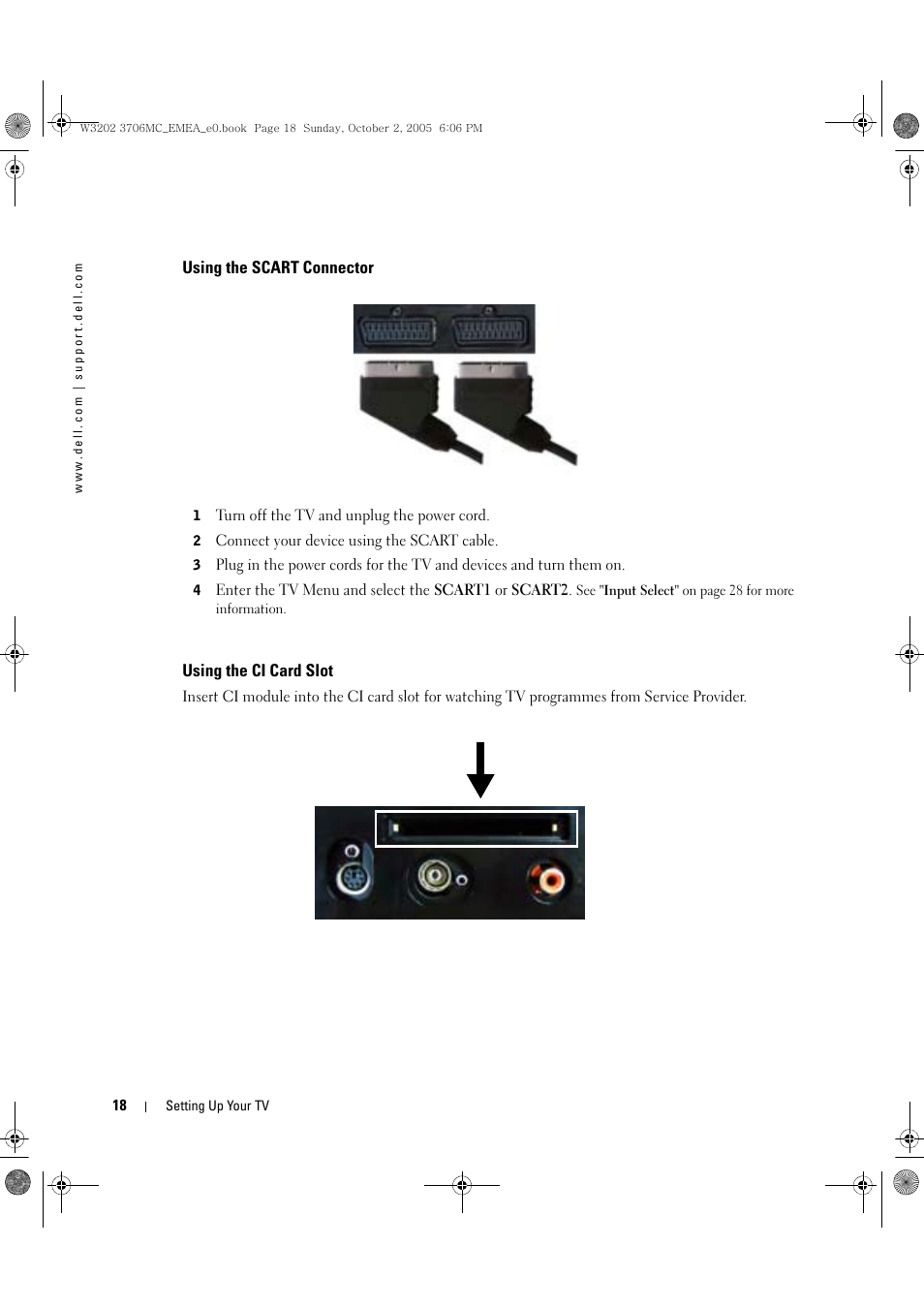 Using the scart connector, Using the ci card slot | Dell LCD TV W3706C User Manual | Page 18 / 66