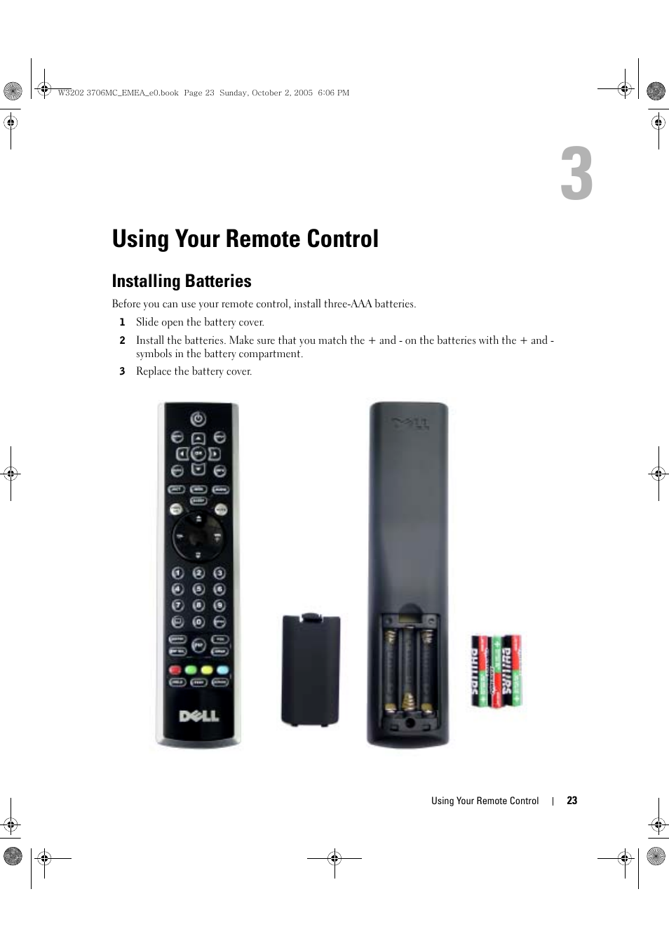 Using your remote control, Installing batteries, 3 using your remote control | Dell LCD TV W3706C User Manual | Page 23 / 66