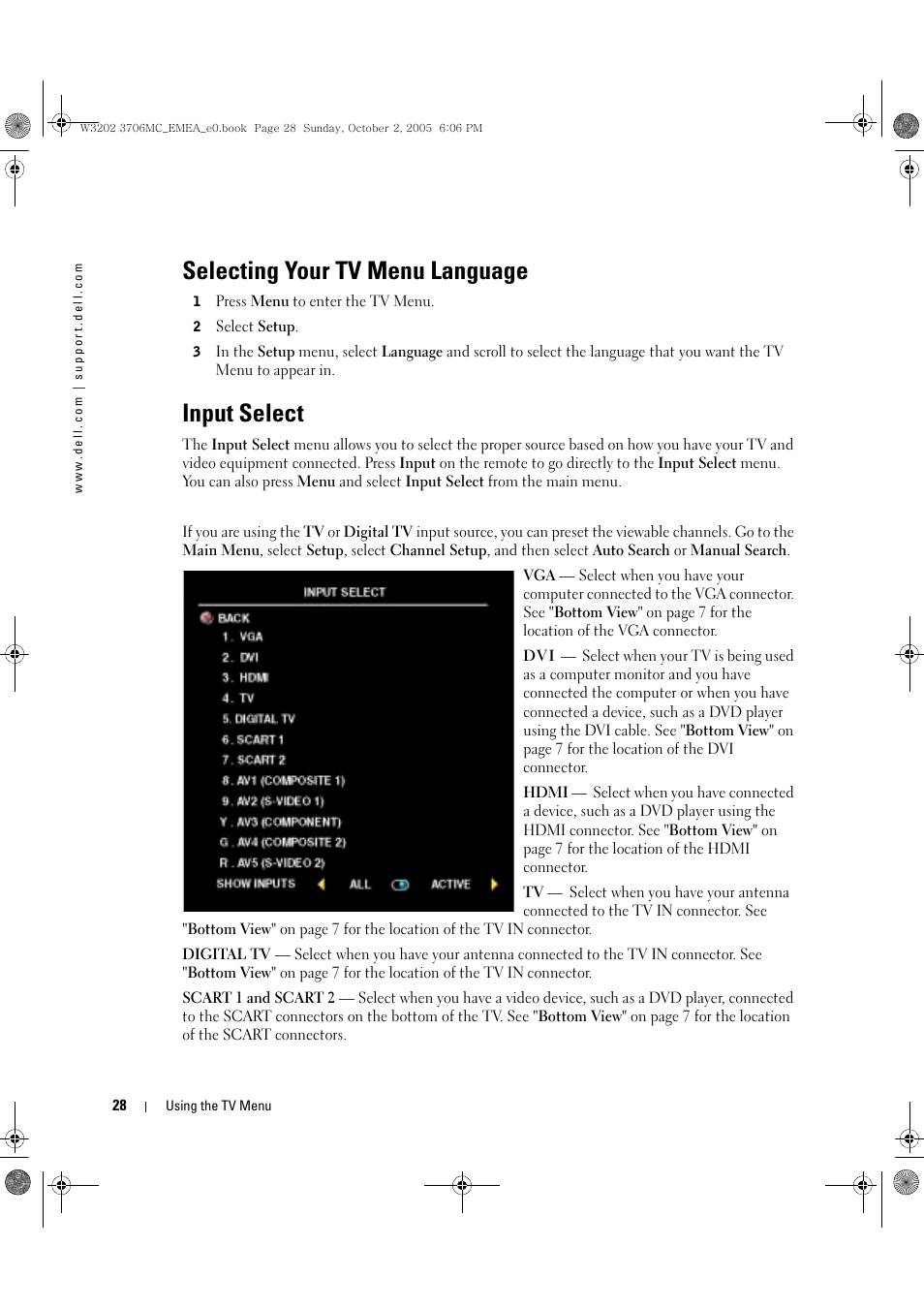Selecting your tv menu language, Input select | Dell LCD TV W3706C User Manual | Page 28 / 66