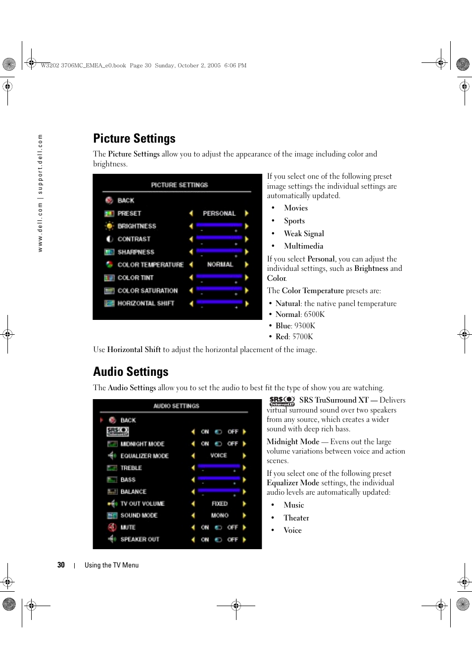 Picture settings, Audio settings | Dell LCD TV W3706C User Manual | Page 30 / 66
