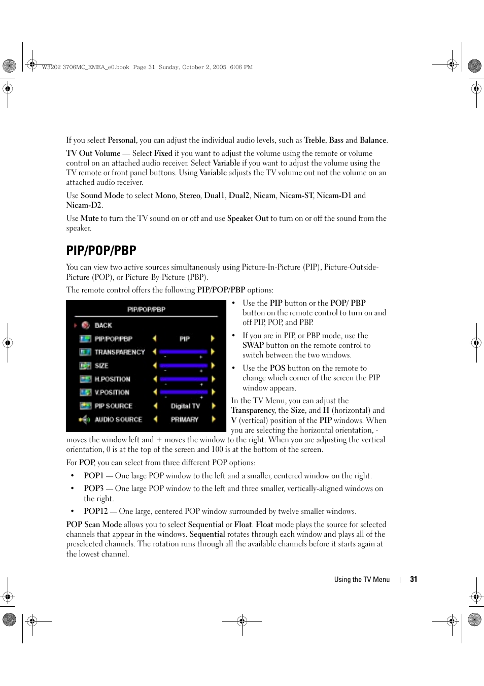 Pip/pop/pbp | Dell LCD TV W3706C User Manual | Page 31 / 66