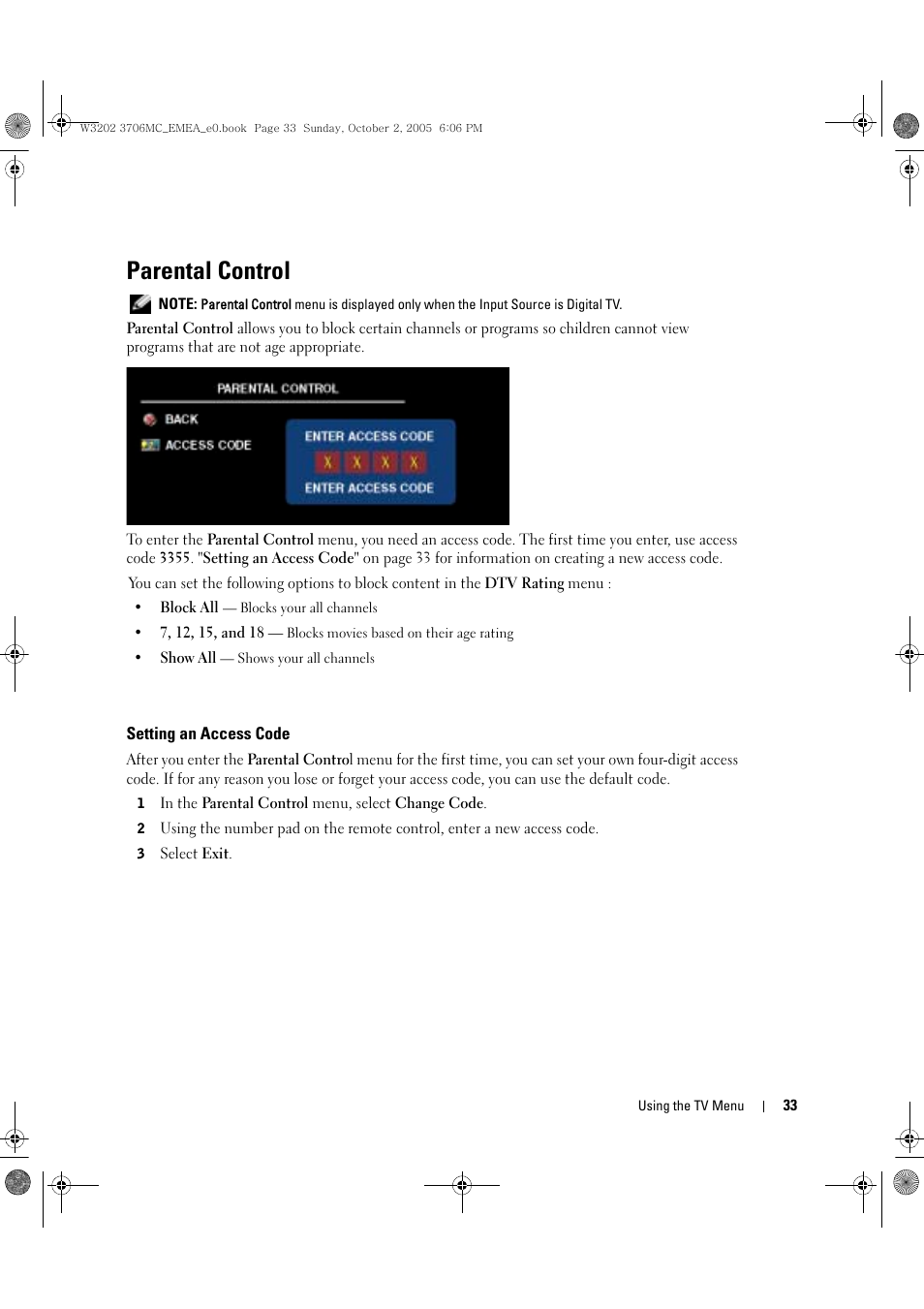 Parental control | Dell LCD TV W3706C User Manual | Page 33 / 66