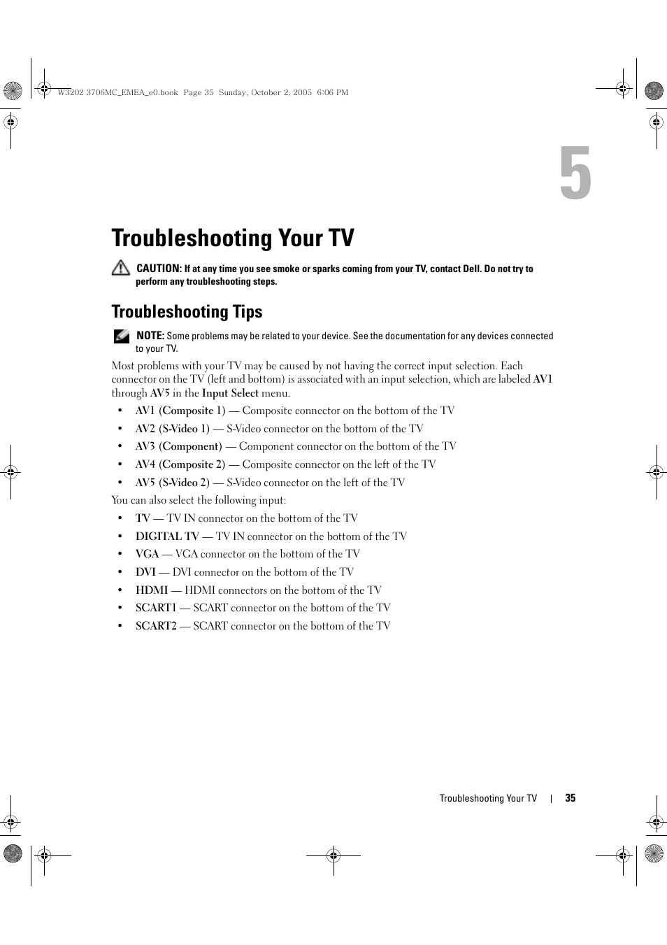 Troubleshooting your tv, Troubleshooting tips, 5 troubleshooting your tv | Dell LCD TV W3706C User Manual | Page 35 / 66