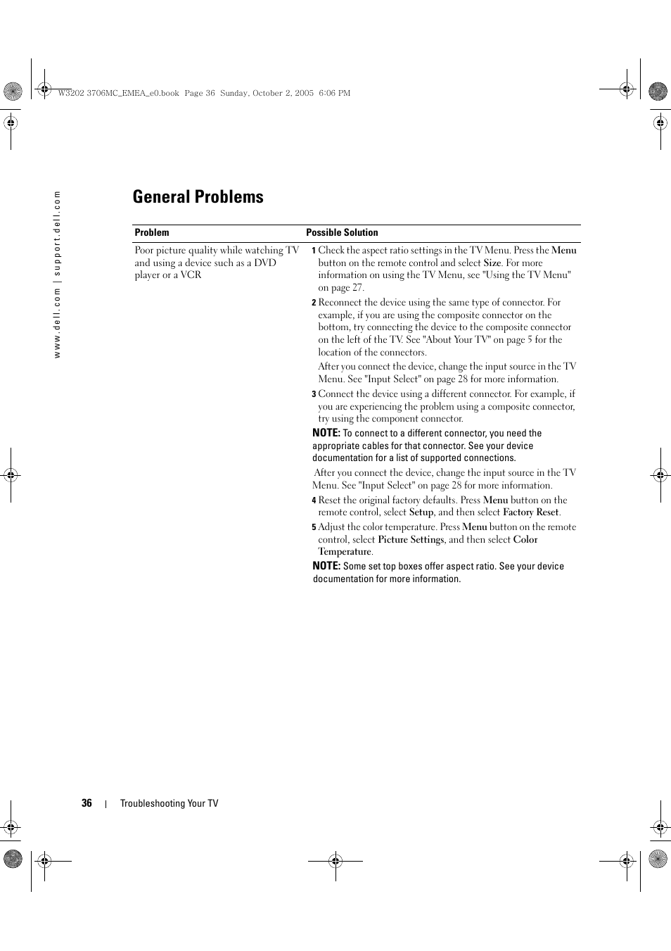 General problems | Dell LCD TV W3706C User Manual | Page 36 / 66