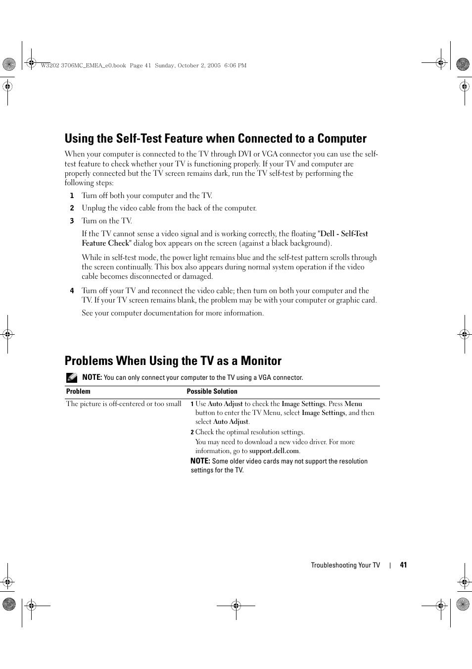 Problems when using the tv as a monitor | Dell LCD TV W3706C User Manual | Page 41 / 66