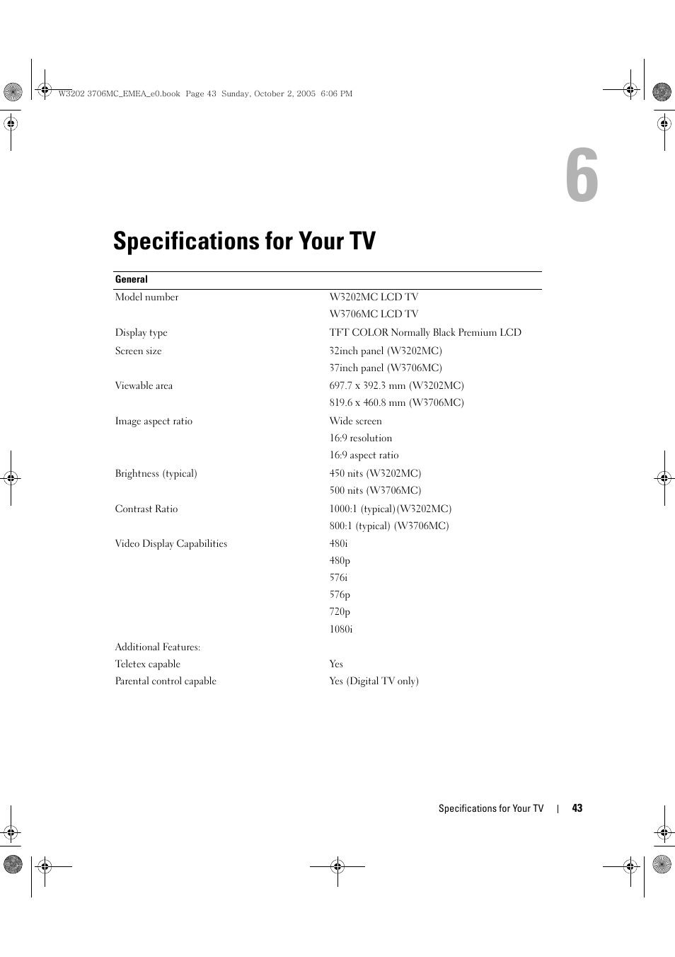 Specifications for your tv, 6 specifications for your tv | Dell LCD TV W3706C User Manual | Page 43 / 66