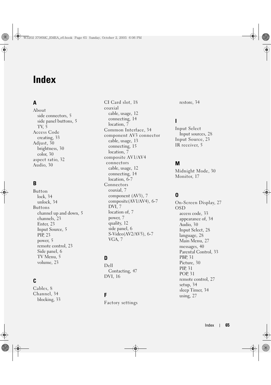 Index | Dell LCD TV W3706C User Manual | Page 65 / 66