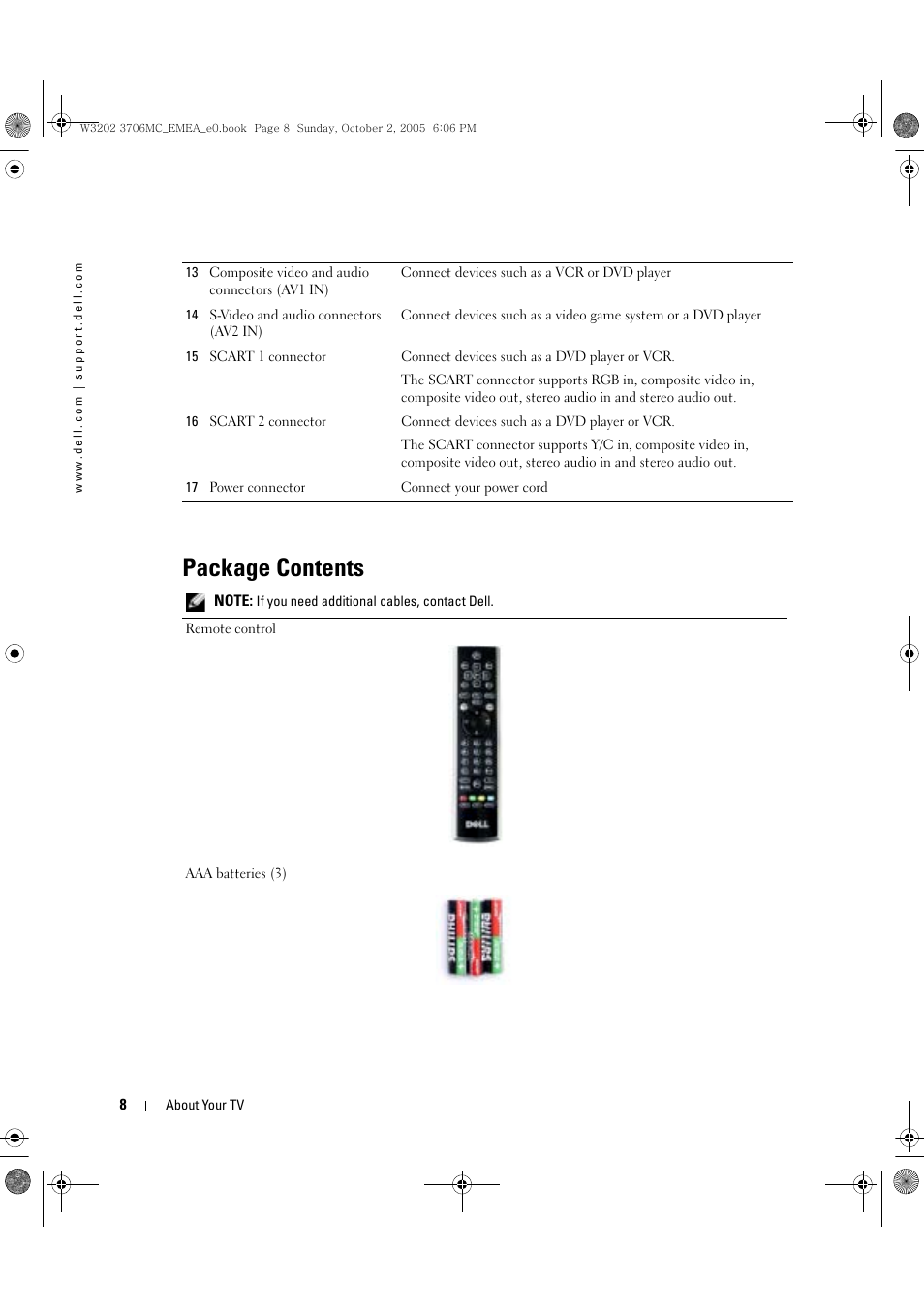 Package contents | Dell LCD TV W3706C User Manual | Page 8 / 66