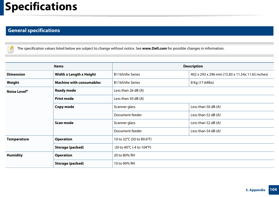 Specifications, General specifications | Dell B1165nfw Multifunction Mono Laser Printer User Manual | Page 104 / 300