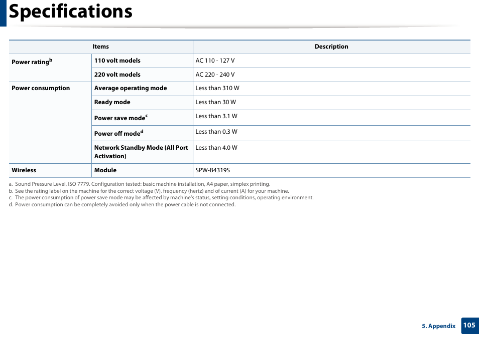 Specifications | Dell B1165nfw Multifunction Mono Laser Printer User Manual | Page 105 / 300