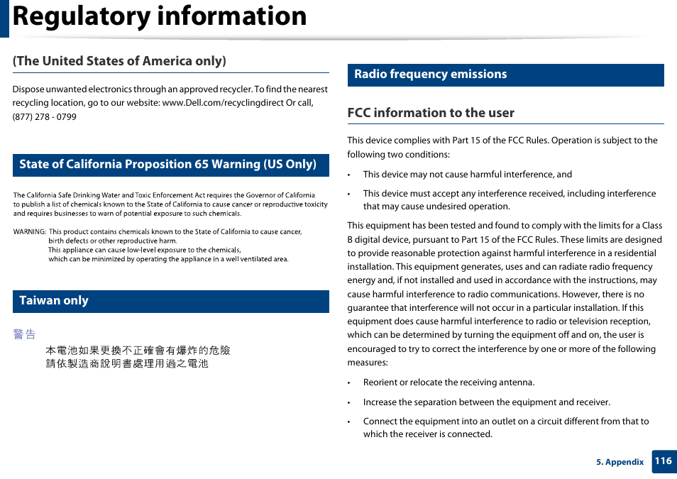 Regulatory information, The united states of america only), Fcc information to the user | Taiwan only, Radio frequency emissions | Dell B1165nfw Multifunction Mono Laser Printer User Manual | Page 116 / 300