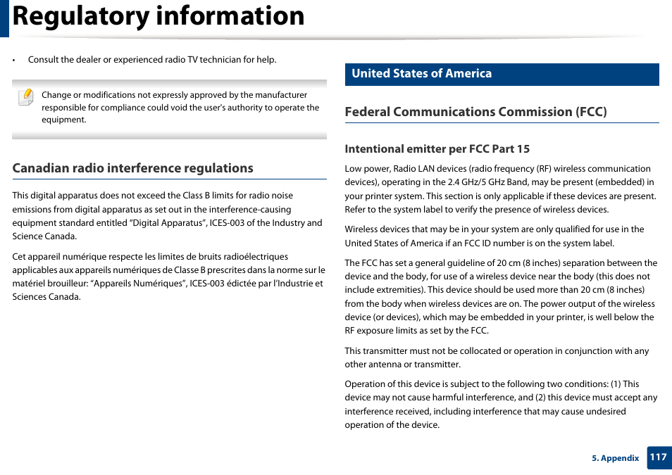 Regulatory information, Canadian radio interference regulations, Federal communications commission (fcc) | United states of america | Dell B1165nfw Multifunction Mono Laser Printer User Manual | Page 117 / 300