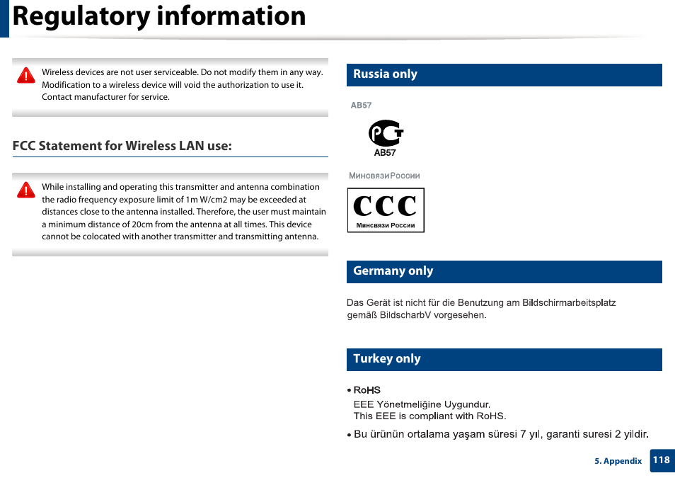 Regulatory information, Fcc statement for wireless lan use, Russia only | Germany only, Turkey only | Dell B1165nfw Multifunction Mono Laser Printer User Manual | Page 118 / 300
