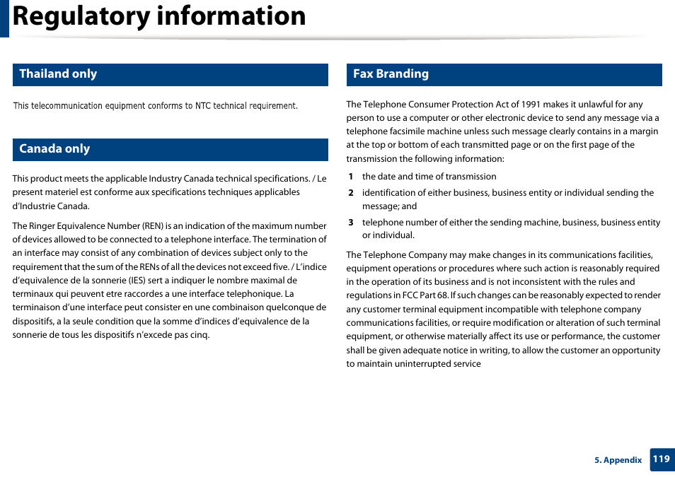 Regulatory information, Thailand only, Canada only | Fax branding | Dell B1165nfw Multifunction Mono Laser Printer User Manual | Page 119 / 300