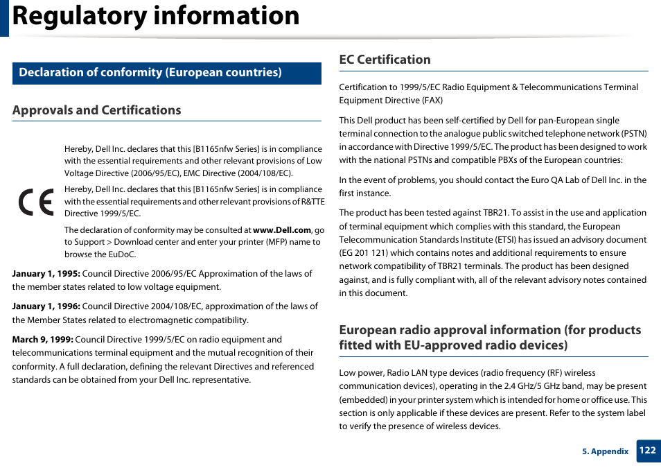 Regulatory information, Approvals and certifications, Ec certification | Declaration of conformity (european countries) | Dell B1165nfw Multifunction Mono Laser Printer User Manual | Page 122 / 300