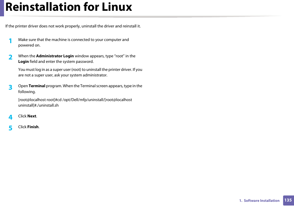 Reinstallation for linux | Dell B1165nfw Multifunction Mono Laser Printer User Manual | Page 135 / 300