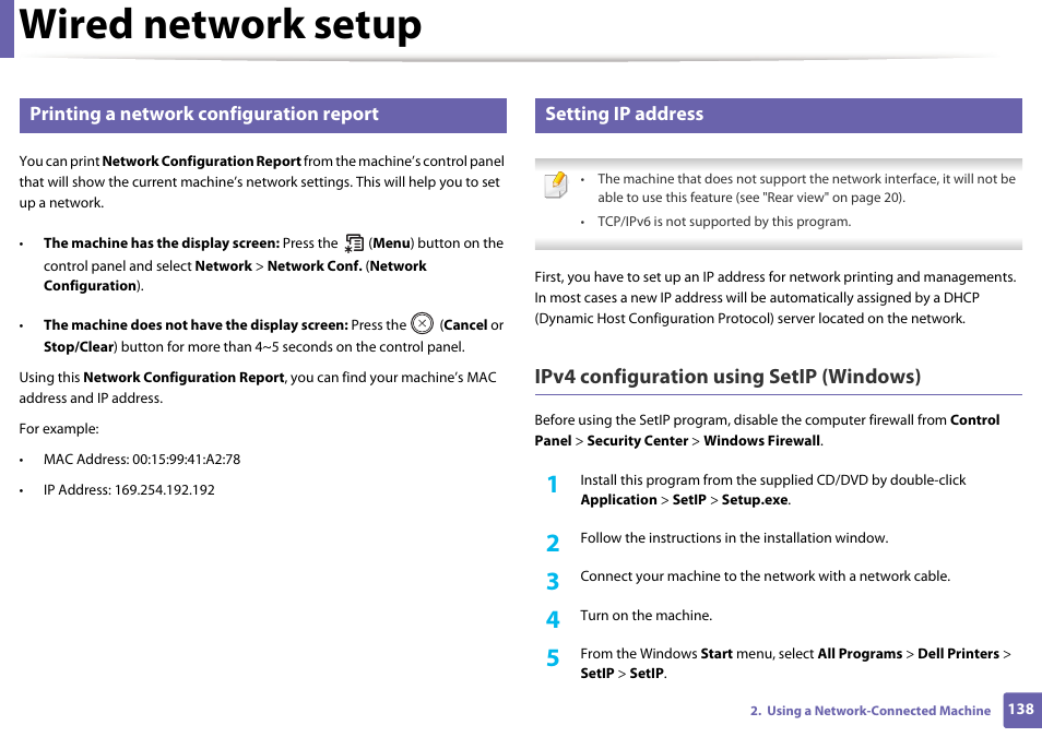 Wired network setup, Ipv4 configuration using setip (windows), Printing a network configuration report | Setting ip address | Dell B1165nfw Multifunction Mono Laser Printer User Manual | Page 138 / 300