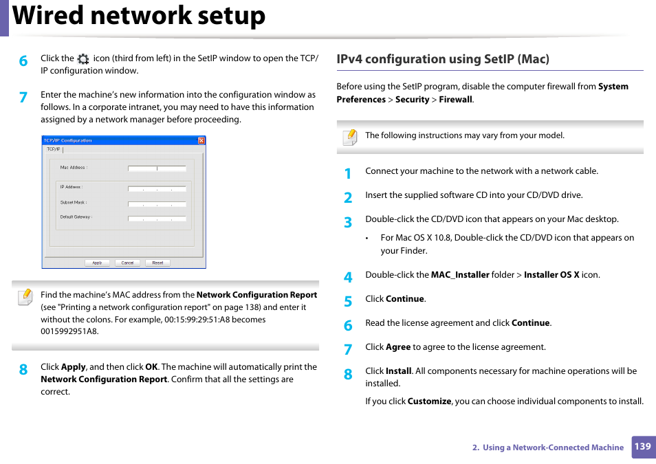 Wired network setup, Ipv4 configuration using setip (mac) | Dell B1165nfw Multifunction Mono Laser Printer User Manual | Page 139 / 300