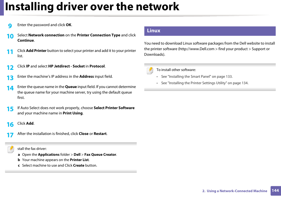 Installing driver over the network, Linux | Dell B1165nfw Multifunction Mono Laser Printer User Manual | Page 144 / 300