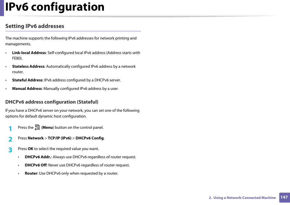 Ipv6 configuration, Setting ipv6 addresses | Dell B1165nfw Multifunction Mono Laser Printer User Manual | Page 147 / 300