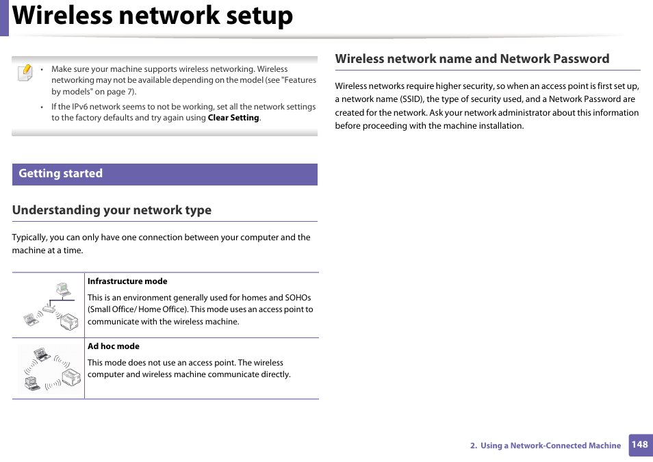 Wireless network setup, Understanding your network type, Wireless network name and network password | Getting started | Dell B1165nfw Multifunction Mono Laser Printer User Manual | Page 148 / 300