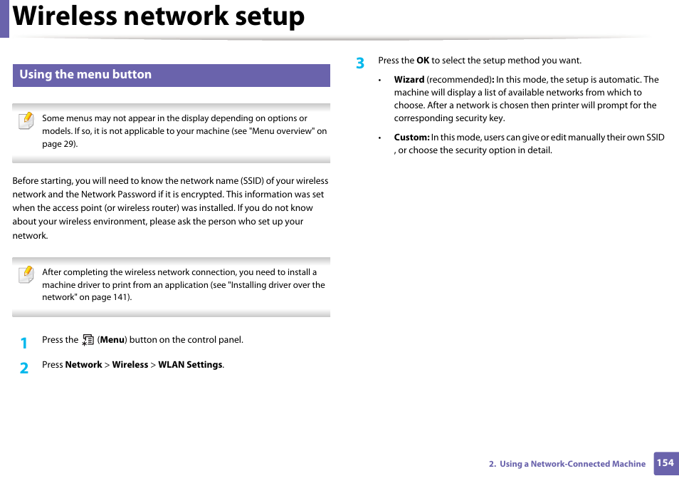 Wireless network setup, Using the menu button | Dell B1165nfw Multifunction Mono Laser Printer User Manual | Page 154 / 300