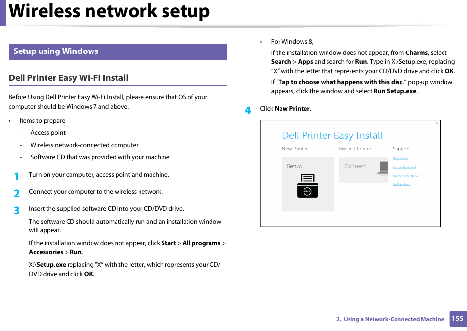 Wireless network setup, Dell printer easy wi-fi install | Dell B1165nfw Multifunction Mono Laser Printer User Manual | Page 155 / 300