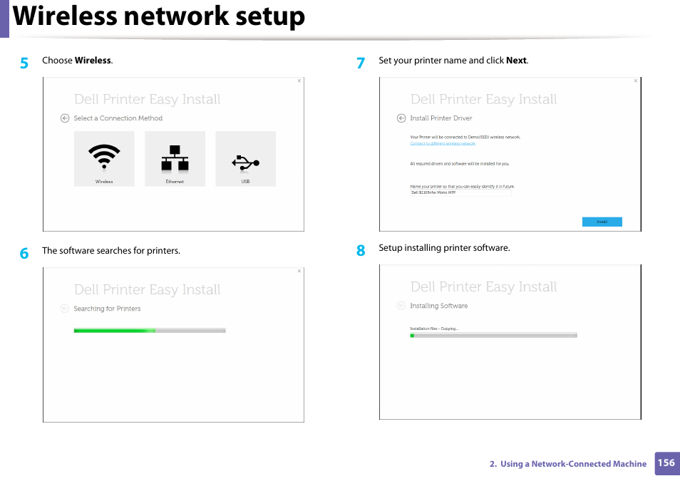 Wireless network setup | Dell B1165nfw Multifunction Mono Laser Printer User Manual | Page 156 / 300