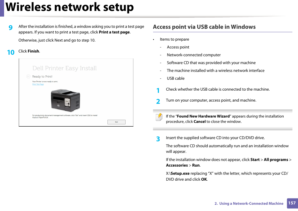 Wireless network setup, Access point via usb cable in windows | Dell B1165nfw Multifunction Mono Laser Printer User Manual | Page 157 / 300