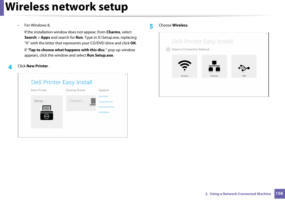 Wireless network setup | Dell B1165nfw Multifunction Mono Laser Printer User Manual | Page 158 / 300