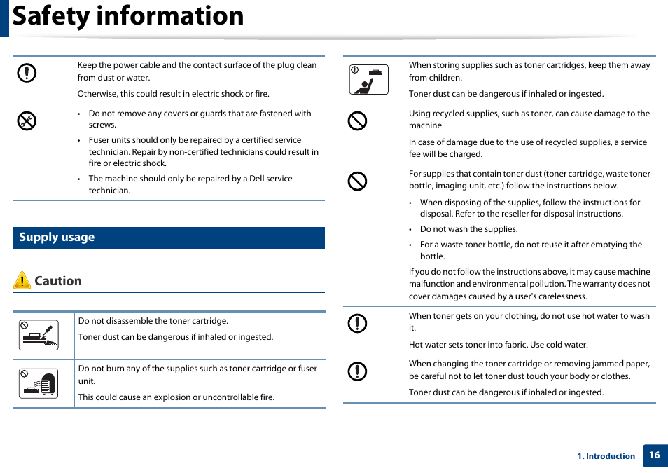 Safety information, Caution, Supply usage | Dell B1165nfw Multifunction Mono Laser Printer User Manual | Page 16 / 300